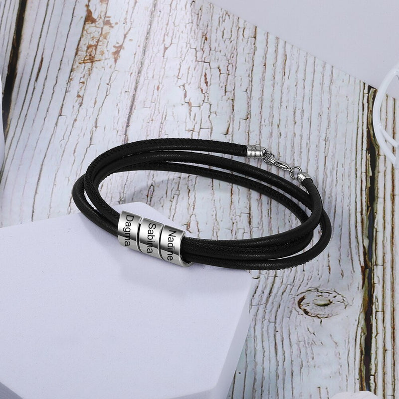 JewelOra Stainless Steel Personalized Engraved Family Names Beads Bracelet Custom Black Leather Men Bracelets Gift for Boyfriend