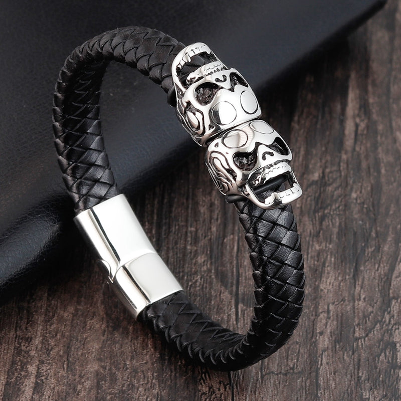 Hyperbole Men Jewelry Black Braided Leather Bracelets Stainless Steel Leahter Bracelets Cool Skull Bracelets Men Bracelet