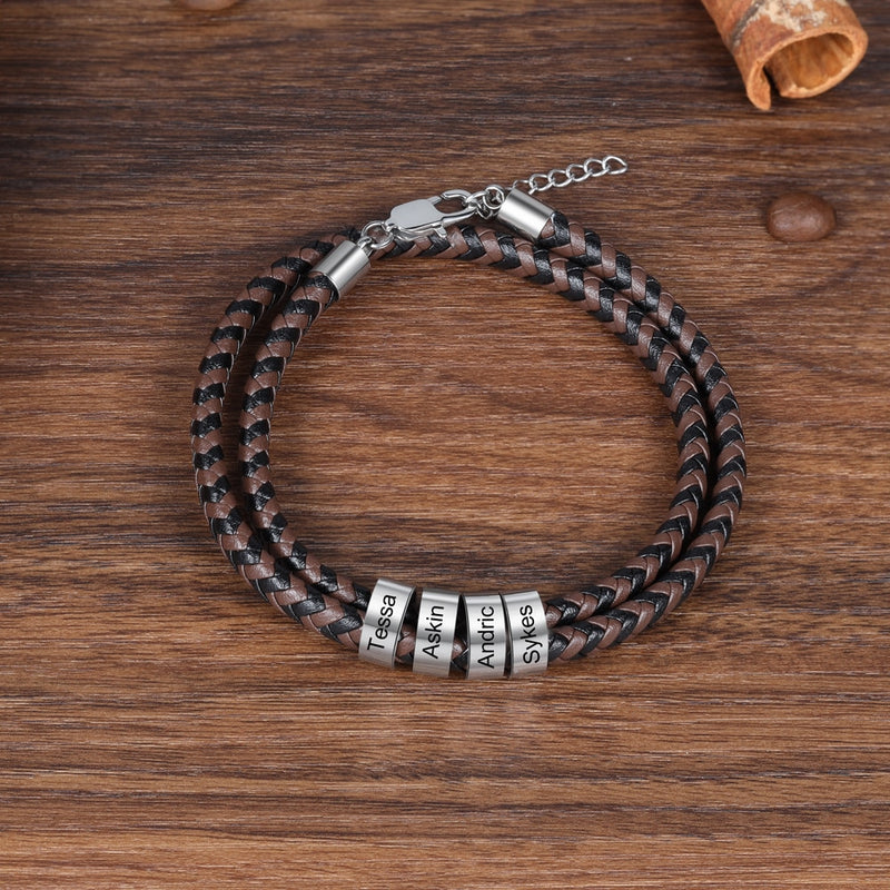 Personalized Engraving Black Brown Braided Leather Bracelet Stainless Steel Custom Name Bead Bracelets for Men Fathers Day Gift