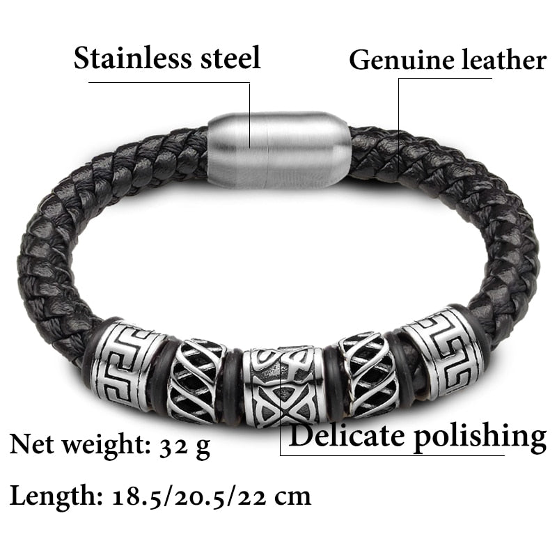Punk Style Coffee Leather Bracelet 316L Stainless Steel 5 Viking Bead Bracelet Powerful Magnet Clasp 4 Color Friend Gifts