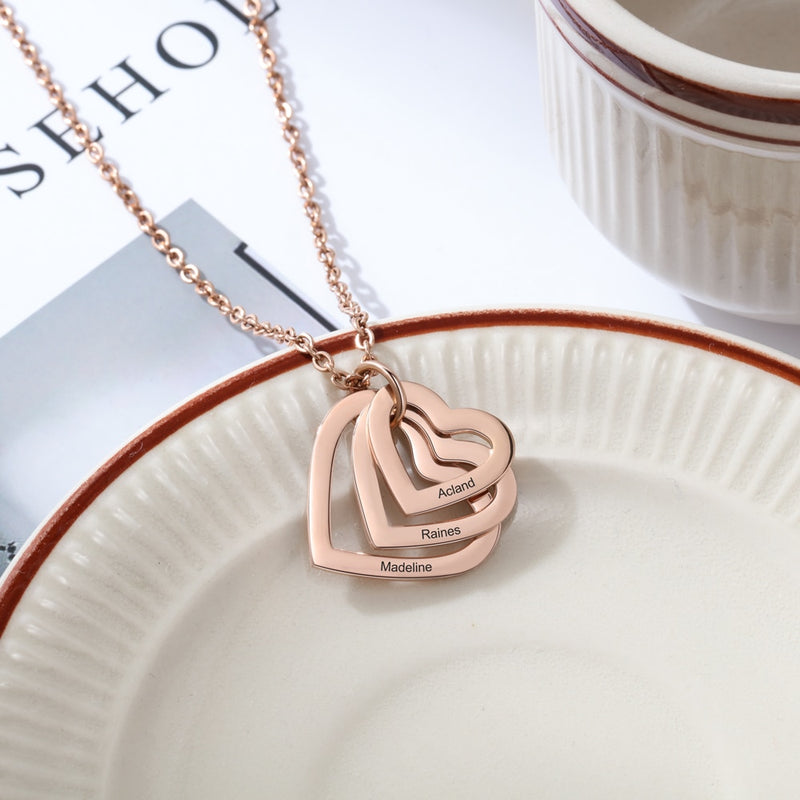 JewelOra Personalized Engraving 3 Names Heart Pendant Necklace Gold /Rose Gold Color Customized Necklace Christmas Family Gifts