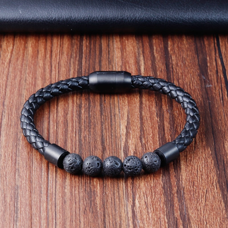 Charm Rope Stainless Steel Magnetic Natural Stone Leather Man Bracelet Beaded Braclet Volcanic Stone bracelet bangles Chain Gift