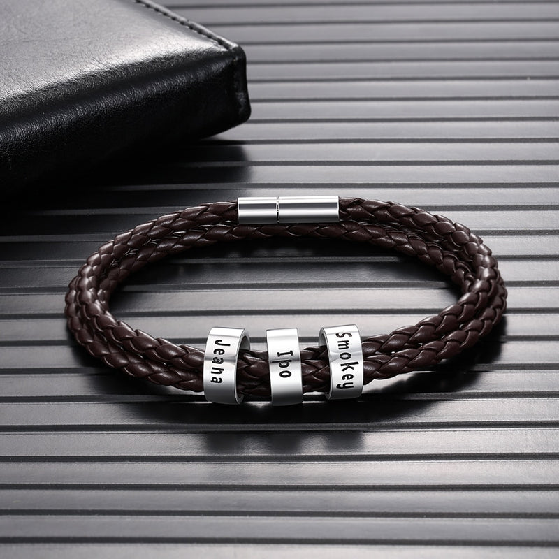 Customized 2-5 Names Beads Bracelets for Men Personalized Brown Braided Rope Leather Bracelet Male Jewelry Gift for Grandfather