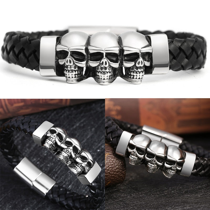 Hyperbole Men Jewelry Black Braided Leather Bracelets Stainless Steel Leahter Bracelets Cool Skull Bracelets Men Bracelet