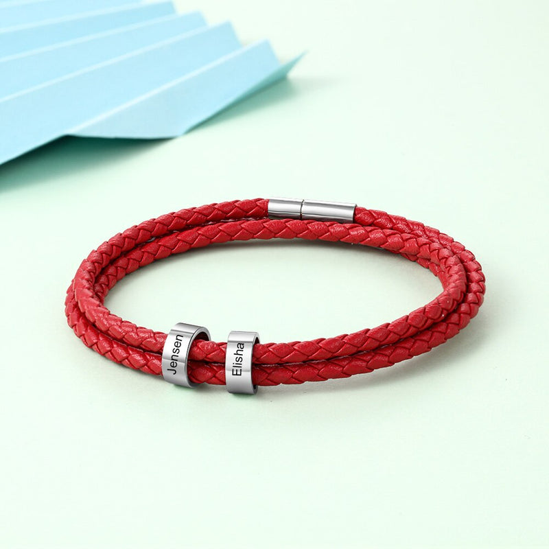 Personalized 2 Names Beads Charm Bracelets for Women Men Unisex Custom Engraving Stainless Steel Leather Bracelet Gift for Lover