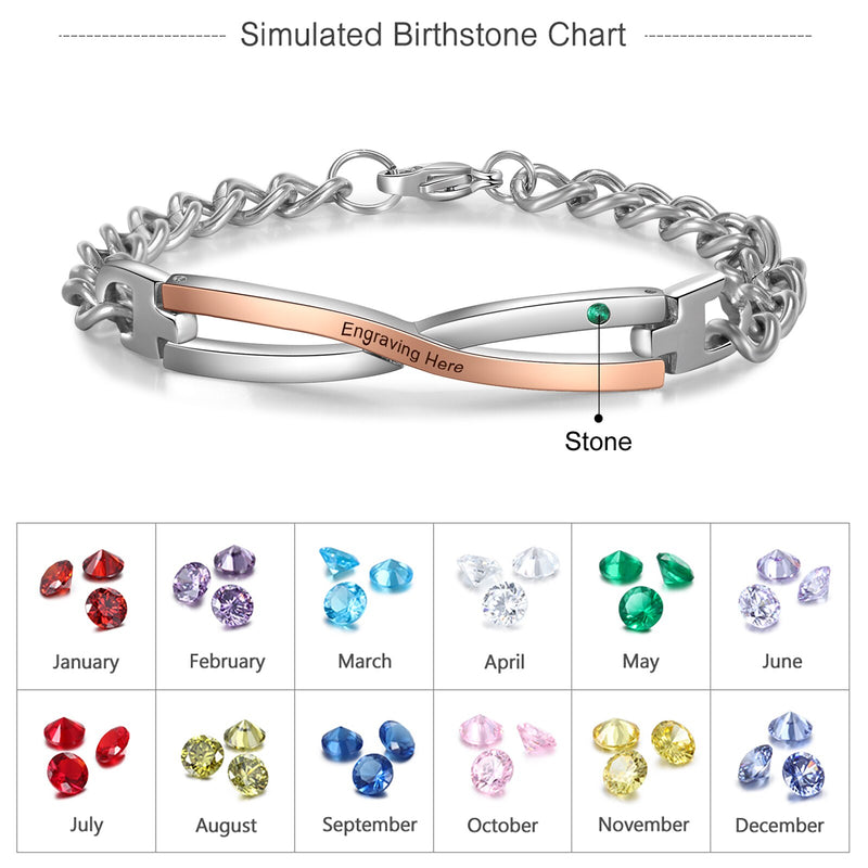 JewelOra Personalized Stainless Steel Couple Bracelets for Women Custom Name with 1 Birthstone Bracelets Valentine Day Gifts