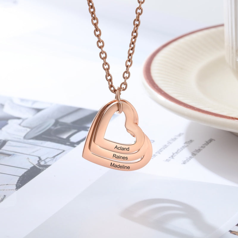 JewelOra Personalized Engraving 3 Names Heart Pendant Necklace Gold /Rose Gold Color Customized Necklace Christmas Family Gifts