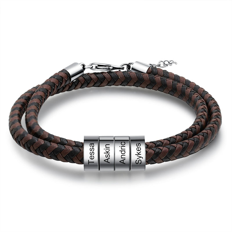 Personalized Engraving Black Brown Braided Leather Bracelet Stainless Steel Custom Name Bead Bracelets for Men Fathers Day Gift