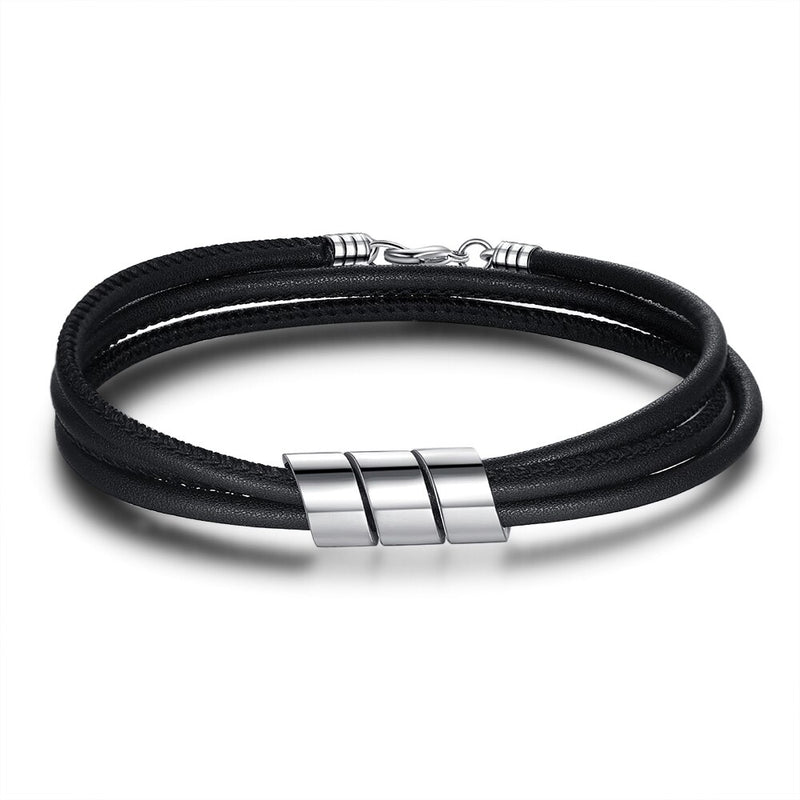 JewelOra Stainless Steel Personalized Engraved Family Names Beads Bracelet Custom Black Leather Men Bracelets Gift for Boyfriend