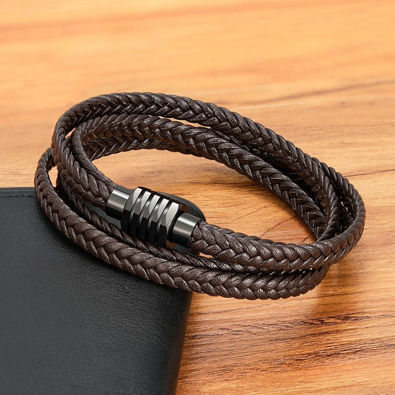 XQNI New Design Two Layers Braided Rope Brown Black Leather Bracelet For Stainless Steel Men Bangles Charm Jewelry Birthday Gift