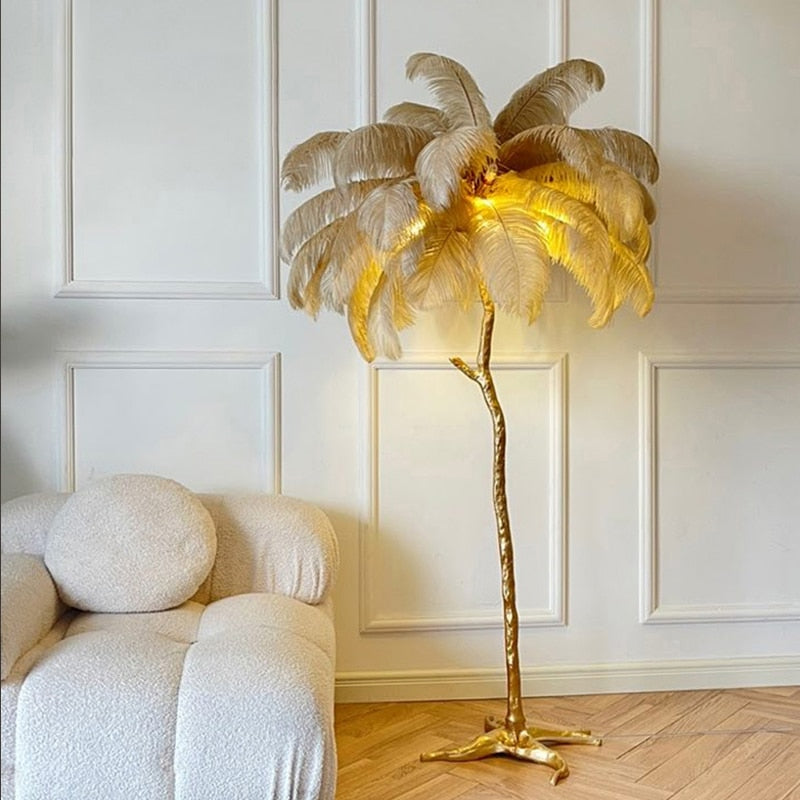Nordic Ostrich Feather Led Floor Lamp Resin Copper Living Room Home Decor Standing Light Indoor Lighting Bedroom Bedside Light
