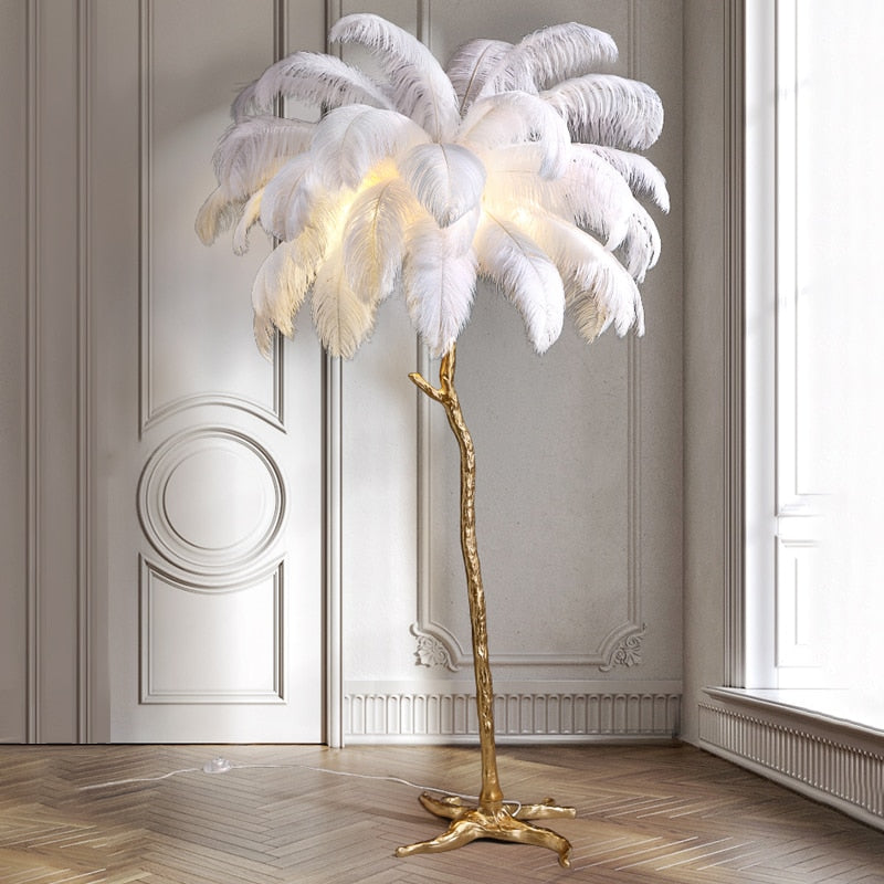 Nordic Ostrich Feather Led Floor Lamp Resin Copper Living Room Home Decor Standing Light Indoor Lighting Bedroom Bedside Light