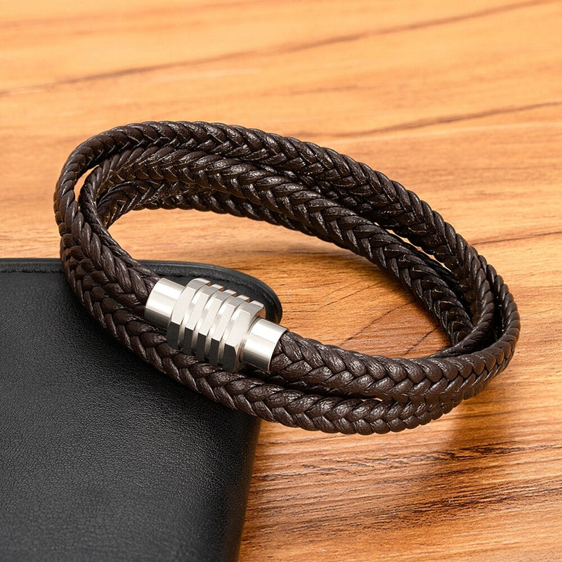 XQNI New Design Two Layers Braided Rope Brown Black Leather Bracelet For Stainless Steel Men Bangles Charm Jewelry Birthday Gift