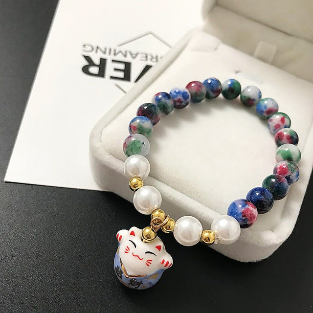 2020 Lucky Cat Stone Beads Bracelet Bangles Simple Sweet Ceramic Bracelets for Women Girls Birthday Gift Female Charm Jewelry