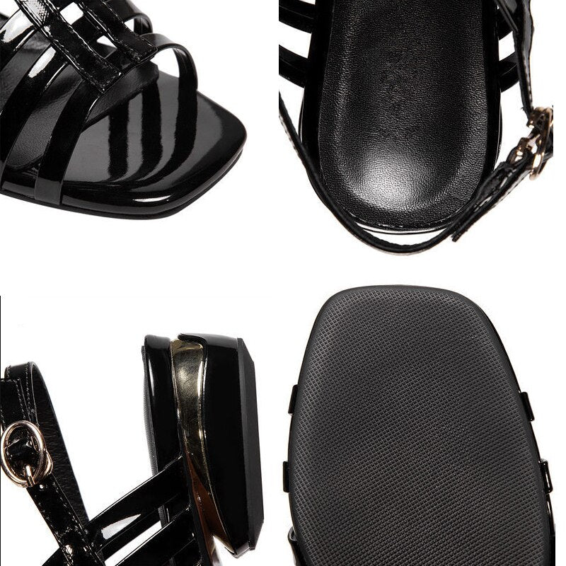Patent Leather Black Sexy Women Sandals Fashion Comfort Open-toes Buckle Strap Designer Roman Shoes Retro Non-slip Casual Zapato