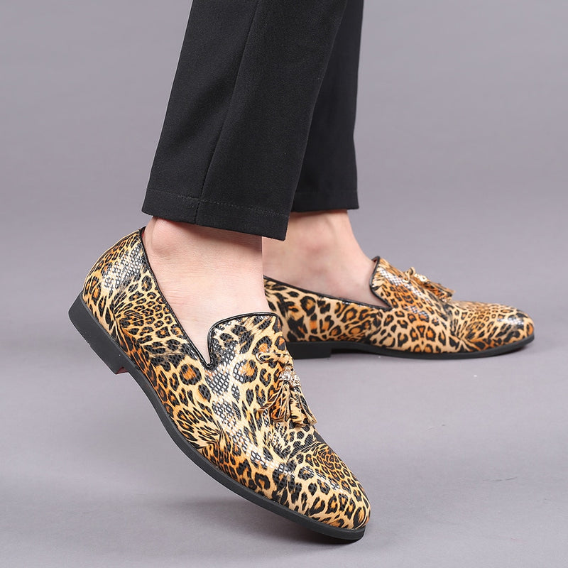 2021 Luxury Men Leather Shoes Fashion Fringed Leopard Loafers Men Slip-on Party Casual Shoes Large Size 38-48 Dropshipping