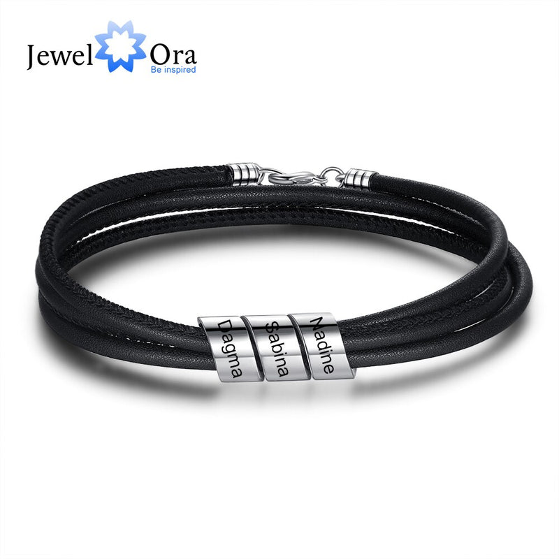 JewelOra Stainless Steel Personalized Engraved Family Names Beads Bracelet Custom Black Leather Men Bracelets Gift for Boyfriend