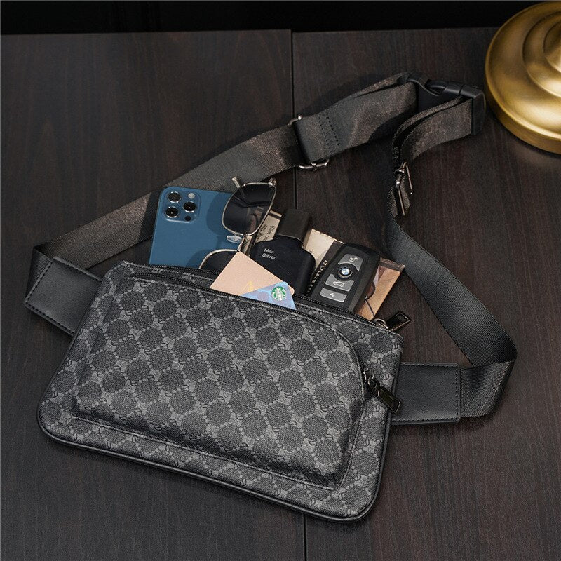 Luxury Brand Designer Men Chest Bag Plaid Leather Slim Small Shoulder Crossbody Bag Phone Key Pouch Clutch Purse Male Waist Pack