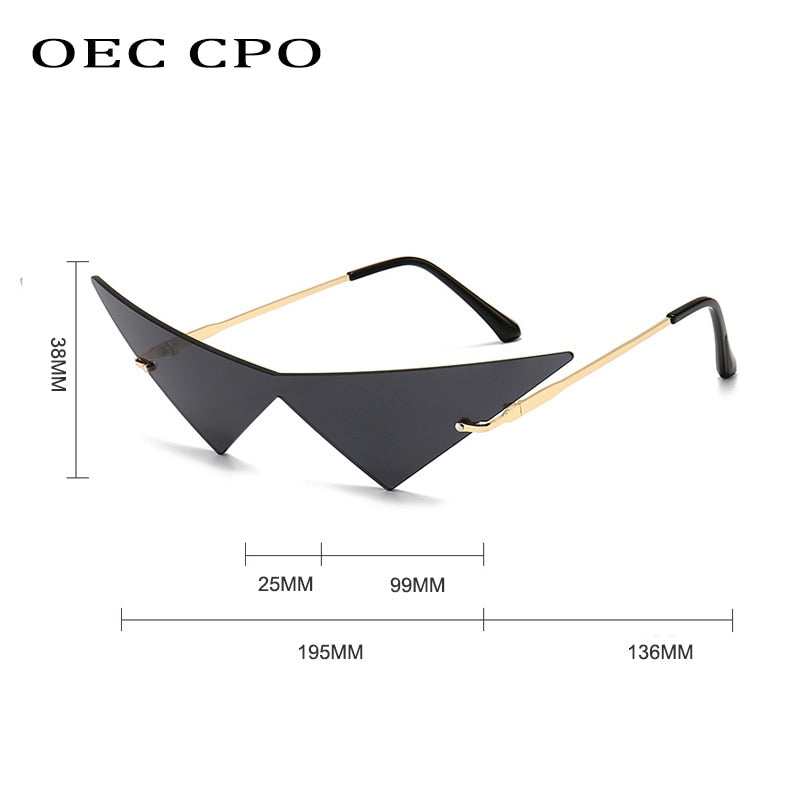 OEC CPO Oversized Cat eye Rimless Sunglasses Women Fashion One Piece Lens Sun Glasses Female Trend Triangle Eyewear Men UV400