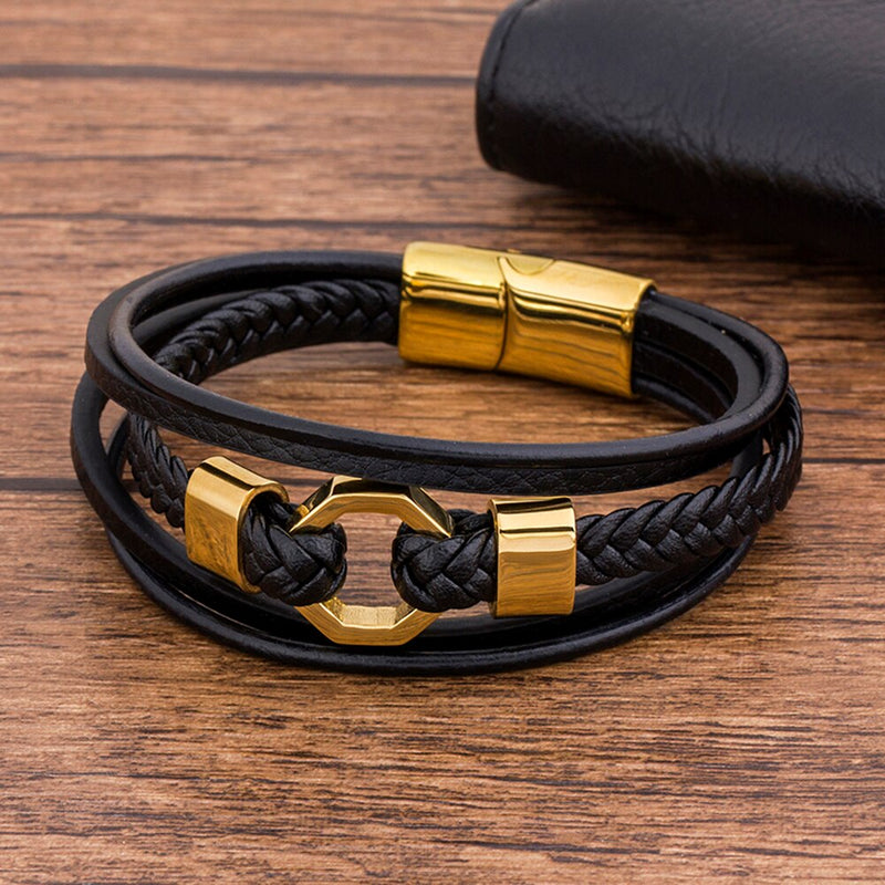 TYO Tendy Fashion Luxury Braided Rope Stainless Steel Men Leather Bracelet Gold Color Magnetic Clasp Bangles Jewelry For Father
