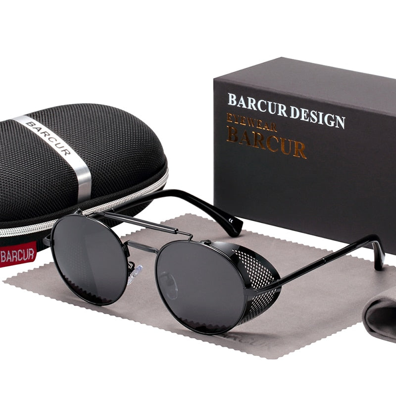 BARCUR Round Polarized Sunglasses Gothic Steampunk Sunglasses Men Women Vintage Shades UV400
