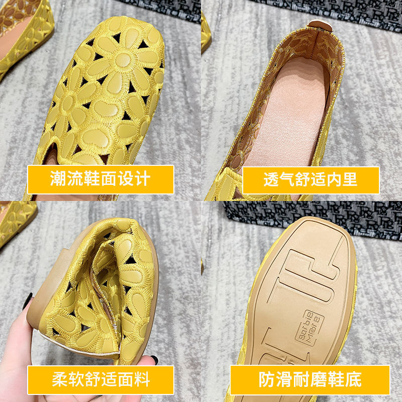 Cheap Square Toe Yellow Loafers Women Soft Leather Flats Big Size 42 Ladies Hollow Out Flat Shoes Woman Flats Embroidery Loafers