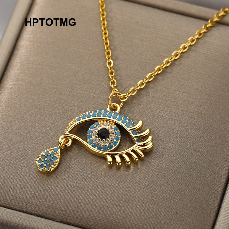 Vintage Turkish Evil Eye Necklaces for Women Teens Goth Turkish Eye Pendant Choker Chain Necklace Stainless Steel Jewelry Gifts