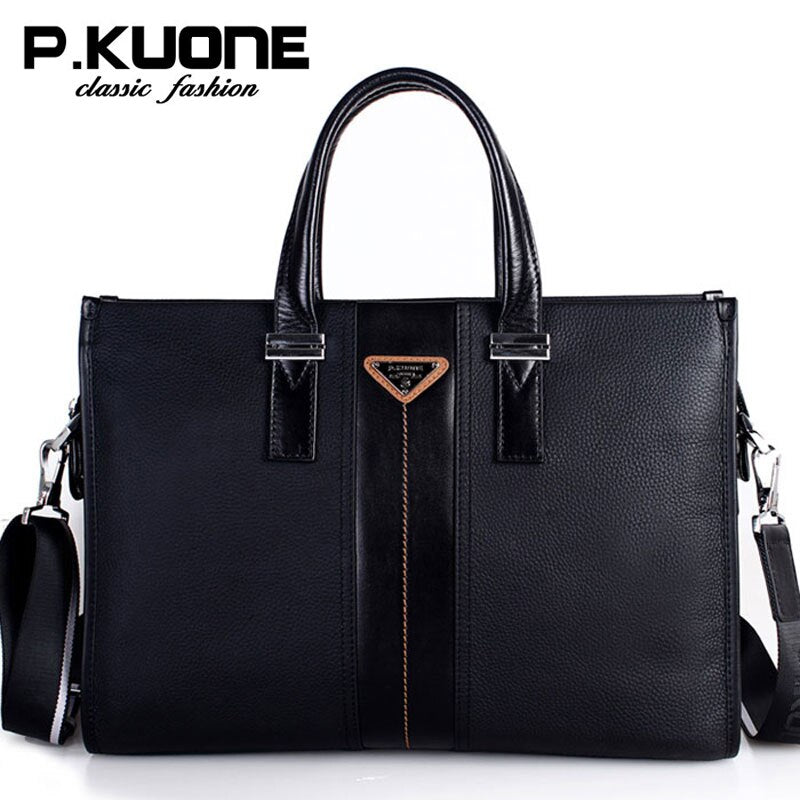 P.kuone fashion luxury brand men bag genuine leather handbag shoulder bags business men messenger bag laptop bag