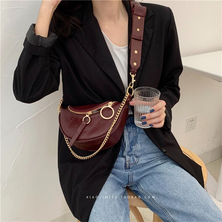 Solid Color PU Leather Crossbody Bags For Women 2020 Half Round Zipper Shoulder Messenger Bag Lady Chain Travel Handbags B821