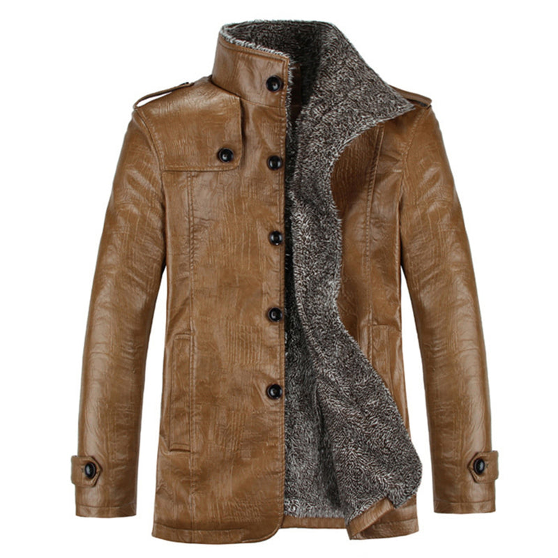 Men Jacket Long Sleeve Stand Collar Faux Leather Fleece Lined Zip Warm Motorcycle  Short Jacket Pocket Coats Autumn Winter