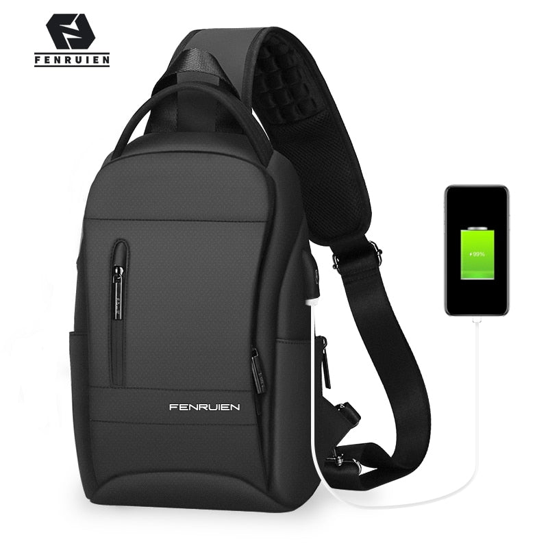 Fenruien Multifunction Crossbody Bags Men USB Charging Chest Pack Short Trip Messengers Chest Bag Water Repellent Shoulder Bag