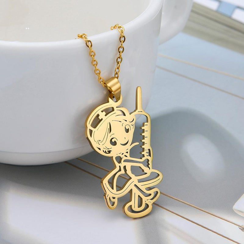 My Shape Doctor Nurse Necklace For Women Stainless Steel Syringe Hollow Cut Out Gold Color Choker Chain Link Pendant Jewelry