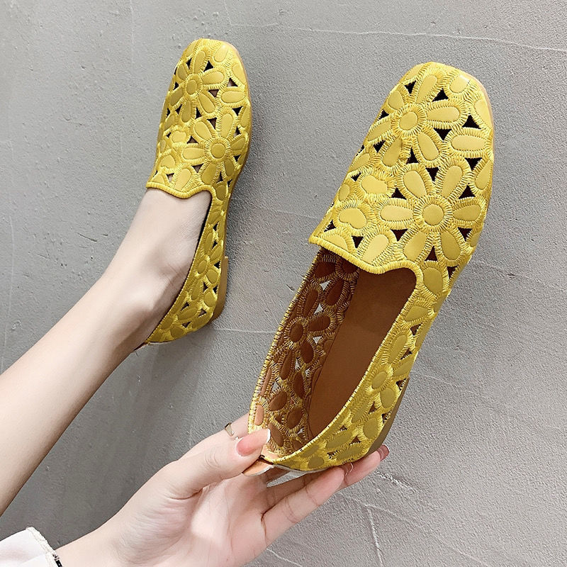 Cheap Square Toe Yellow Loafers Women Soft Leather Flats Big Size 42 Ladies Hollow Out Flat Shoes Woman Flats Embroidery Loafers