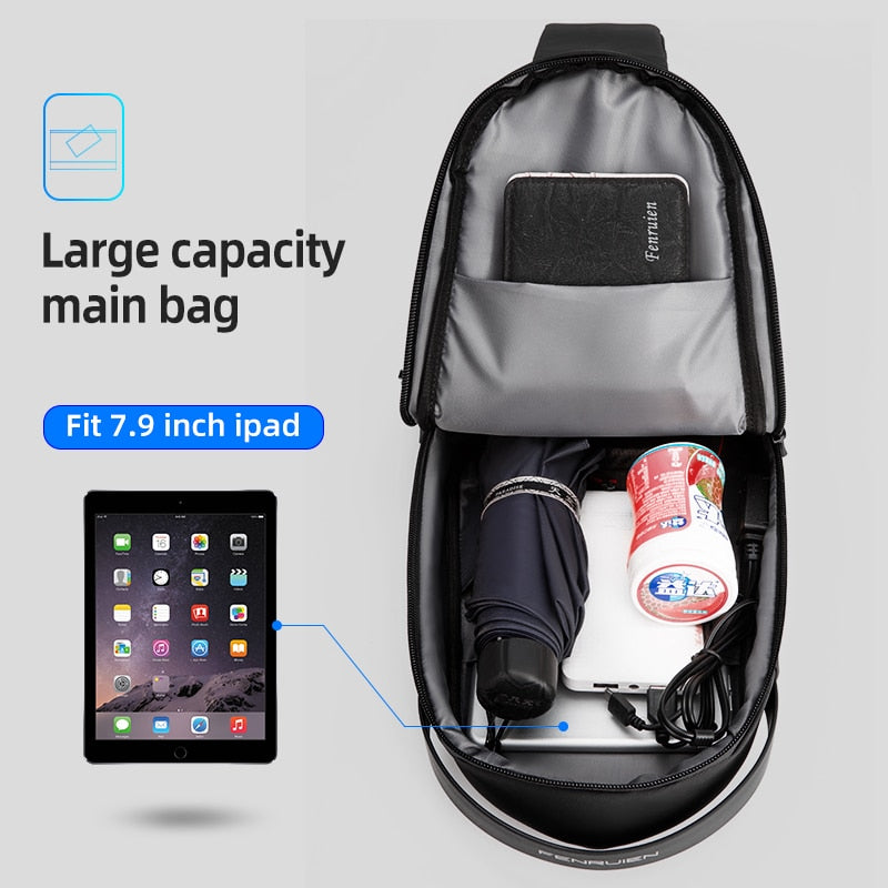 Fenruien Men Shoulder Bags Black USB Charging Crossbody Bags Waterproof Casual Travel Messenger Bag Male Fit For 7.9 Inch iPad