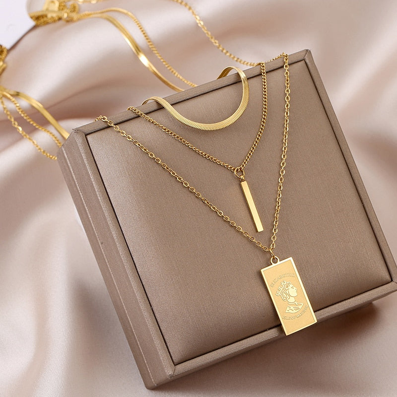 MEYRROYU Stainless Steel Gold Color Multi-layer Geometric Necklace For Women 2021 Trendy New Fashion Party Jewelry collares para