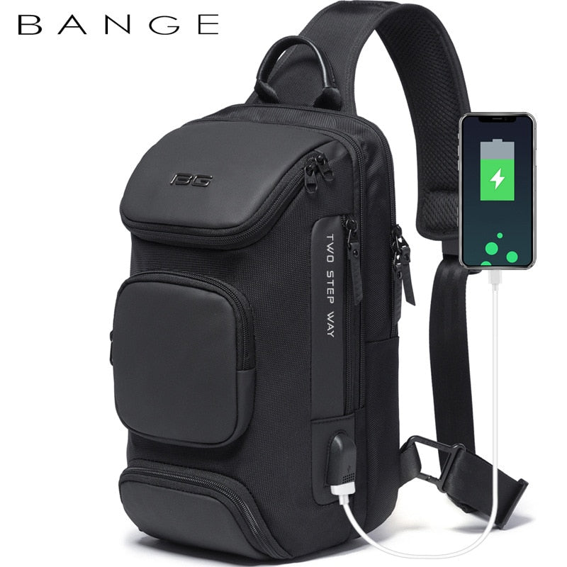 BANGE Men Crossbody Bags Male Waterproof USB Charging Ipad Mini Chest Pack Short Trip Messenger Sling Bag Shoulder Chest Bag
