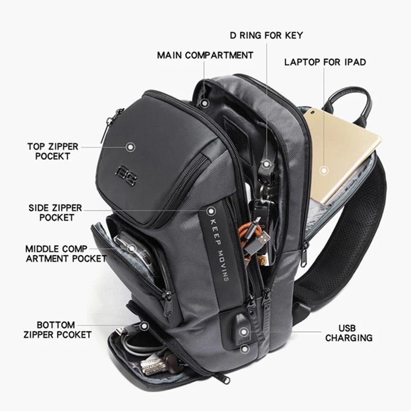 BANGE Men Crossbody Bags Male Waterproof USB Charging Ipad Mini Chest Pack Short Trip Messenger Sling Bag Shoulder Chest Bag