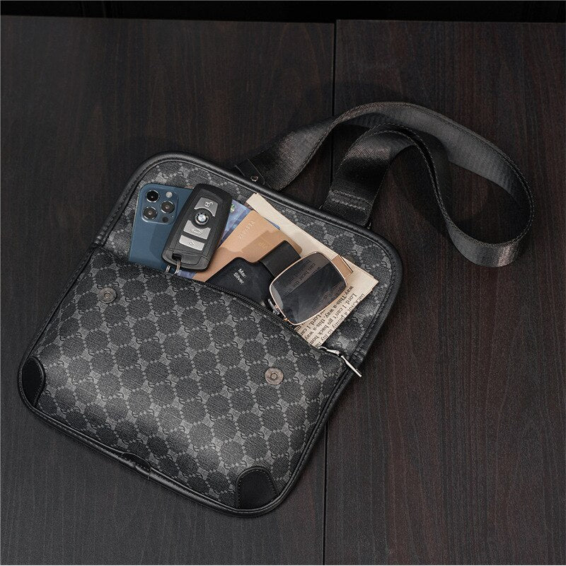 Luxury Brand Men Shoulder Bag Fashion Plaid Leather Design Leather Mini Messenger Bag Male Street Satchel Crossbody Flap Handbag
