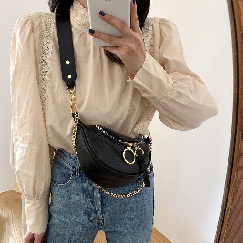 Solid Color PU Leather Crossbody Bags For Women 2020 Half Round Zipper Shoulder Messenger Bag Lady Chain Travel Handbags B821