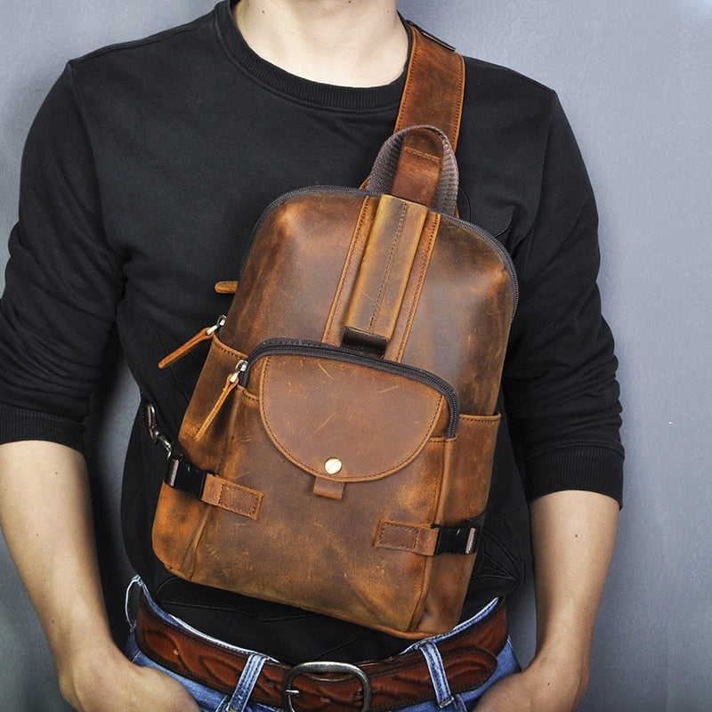 Men Original Crazy horse Leather Casual Fashion Crossbody Chest Sling Bag Design Travel One Shoulder Bag Daypack Male 3028-db