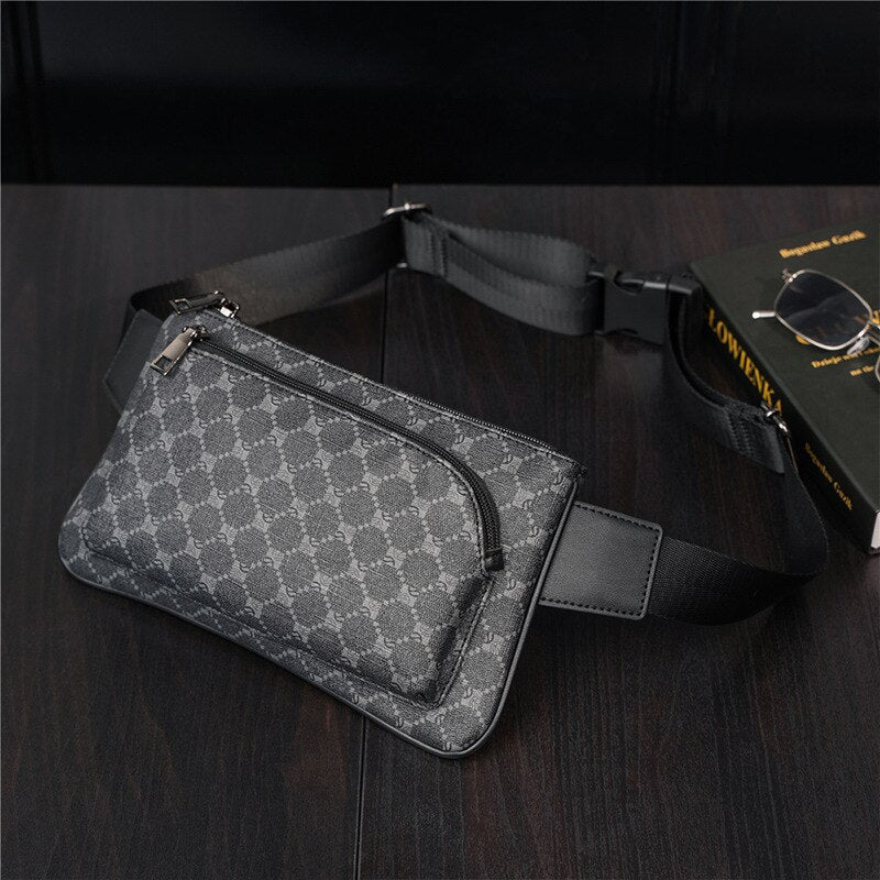 Luxury Brand Designer Men Chest Bag Plaid Leather Slim Small Shoulder Crossbody Bag Phone Key Pouch Clutch Purse Male Waist Pack