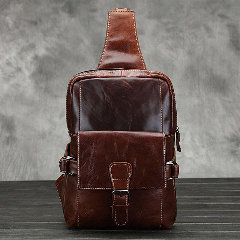 Men Genuine Leather Large Capacity Sling Chest Back Pack Top Quality Messenger Shoulder Bags Oil Wax Cowhide Travel Day Pack