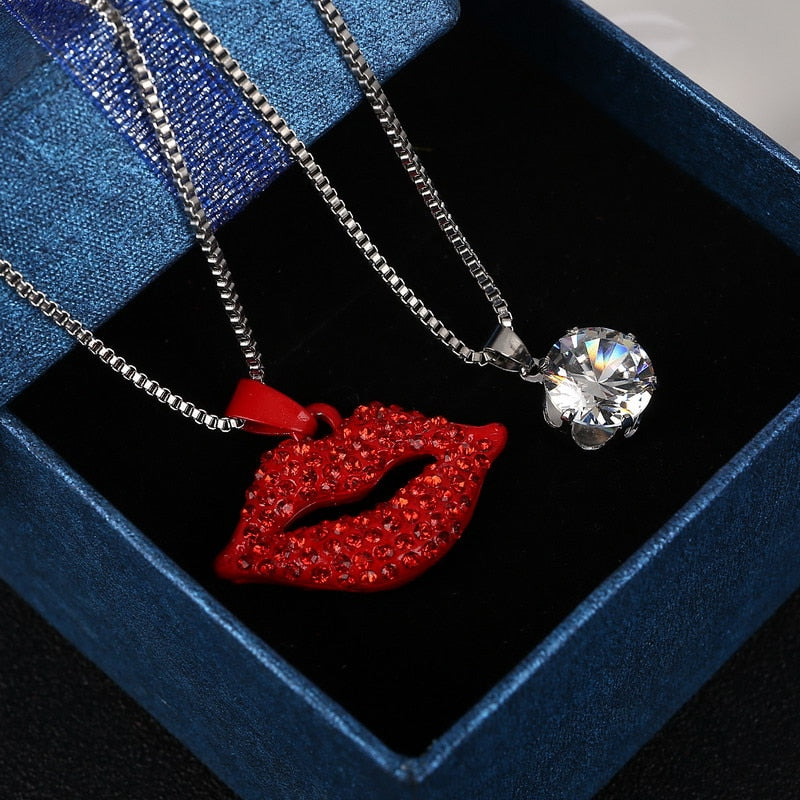 Sexy Rhinestone Red Lips Necklace Silver Two Layers Chains Necklace Best Gift For Lover Free Shipping