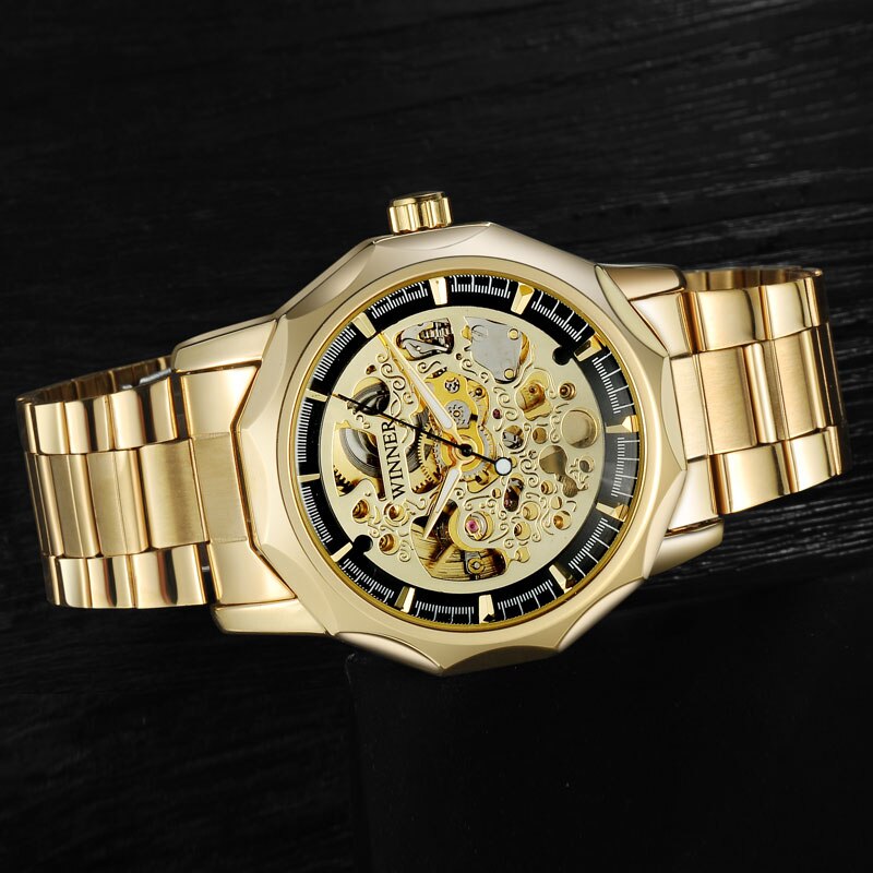 WINNER brand watches men mechanical skeleton wrist watches fashion casual automatic wind watch gold steel band relogio masculino