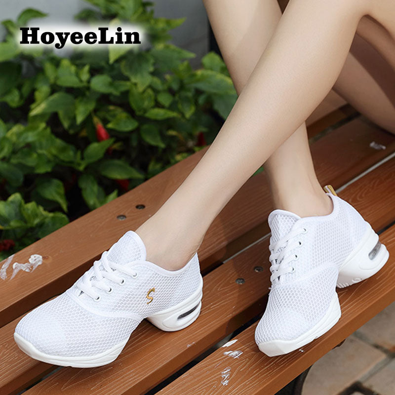HoYeeLin Modern Jazz Dance Sneakers Women Breathable Mesh Lace Up Practice Shoes Cushioning Lightweight Fitness Trainers