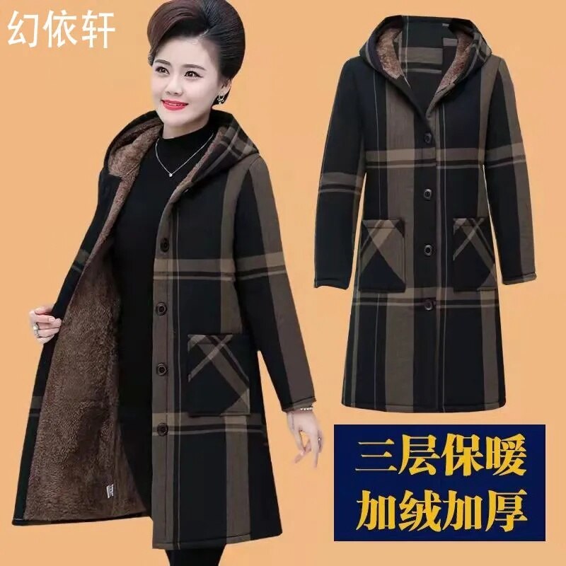 2022Size 5XL Velvet Thick Cotton Winter Padded Jacket Middle-Aged And Elderly Women&#39;s Parka Long Mother&#39;s Hooded Coat Grid parka