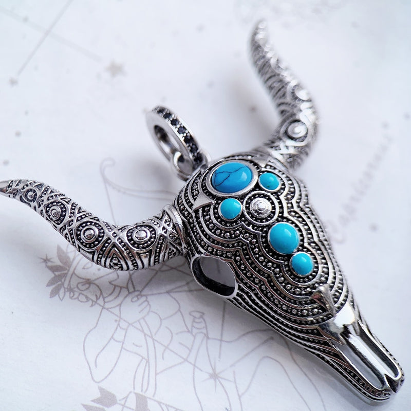 Pendant Blue Bull Head Skull Fashion Punk Ethnic Jewelry Europe 925 Sterling Silver Turquoise Rebel Gift For Woman &amp; Men
