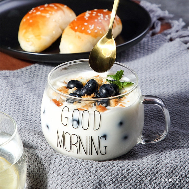 Letter Printed Transparent Creative Glass Coffee Tea Drinks Dessert Breakfast Milk Cup Glass Mugs Handle Drinkware