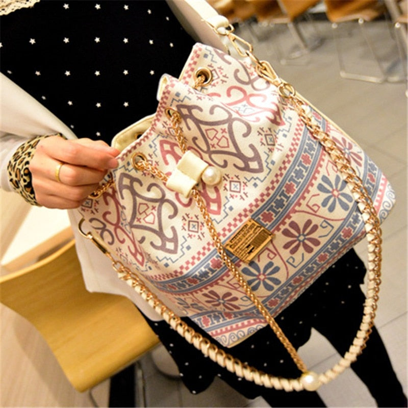 Bag for Women 2021 Bohemia Style Canvas Drawstring Bucket Bag Pearl Shoulder Handbags Women Messenger Bags Bolsa Feminina Bolsos