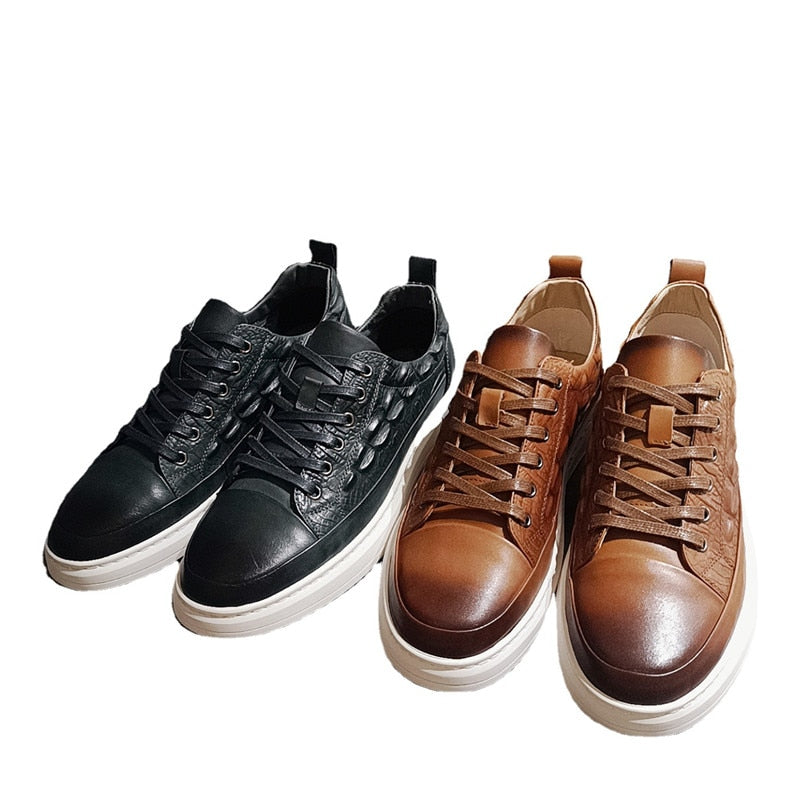 2021 High Quality Brand 100% Genuine Leather Men Casual Sneaker Lace Up Vintage Crocodile Pattern Trend Men Leather Casual Shoes